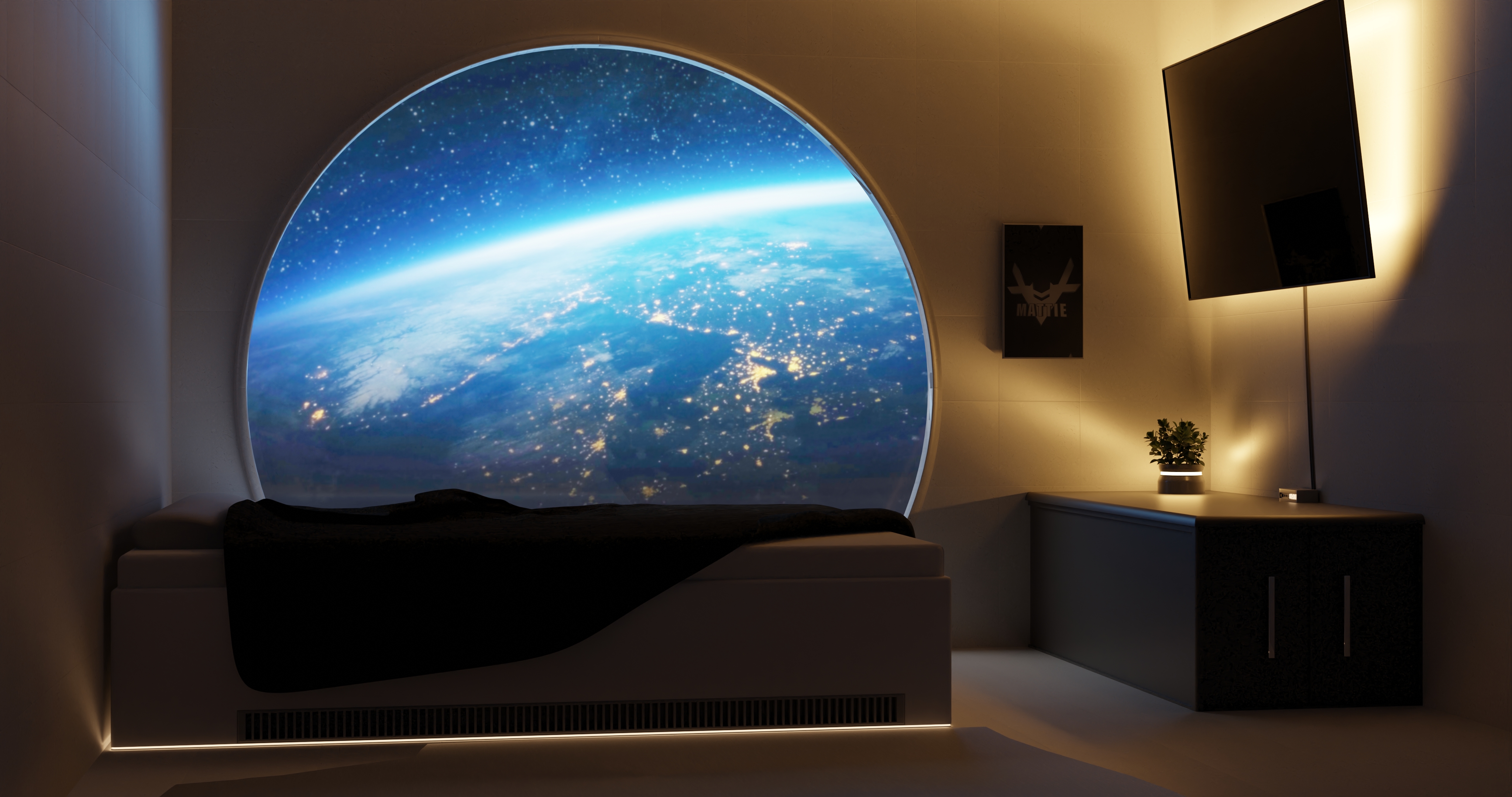 Futuristisches Zimmer mit großem Blick auf die Erde